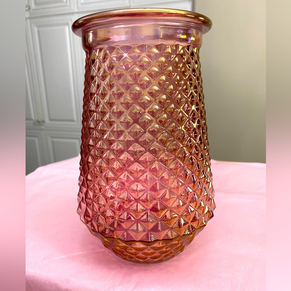 EUC Pink Iridescent Glass Vase in a Diamond Pattern